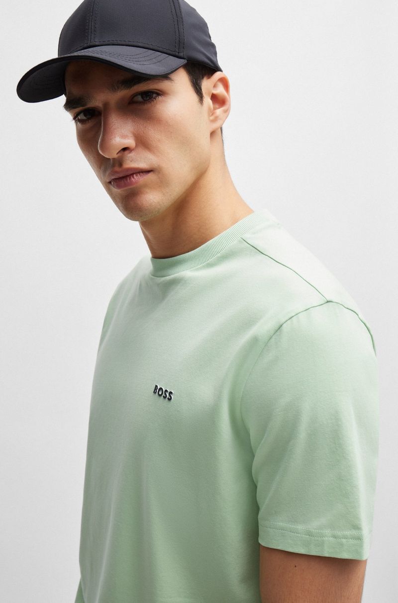 Camiseta Regular Em Algodão Elástico Com Logo Contrastante