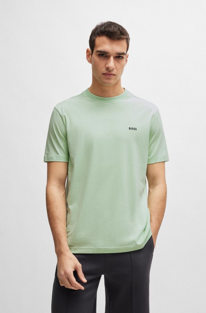 Camiseta Regular Em Algodão Elástico Com Logo Contrastante