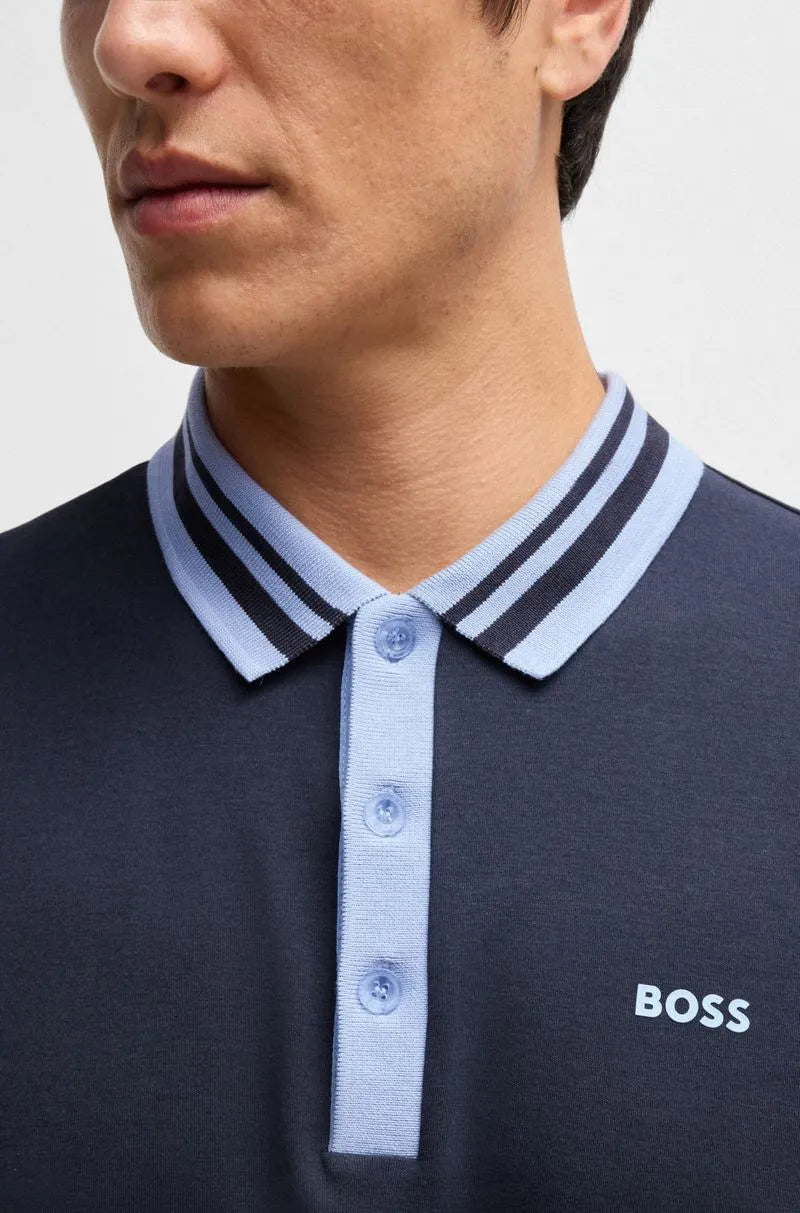 Polo Em Algodão Interlock Com Colarinho Listrado