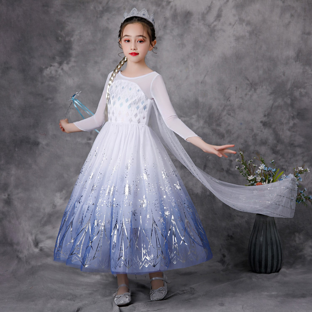 Fantasia Elsa Completa + Coroa + Varinha Mágica + Cabelo + Luva + Colar, Brinco, Anel e Pulseira