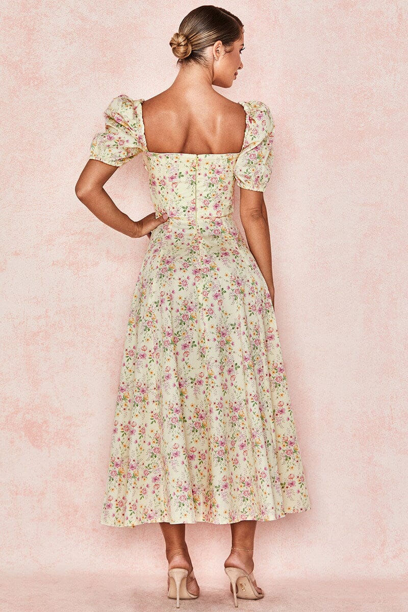 Vestido Midi Mangas Bufantes e Fenda