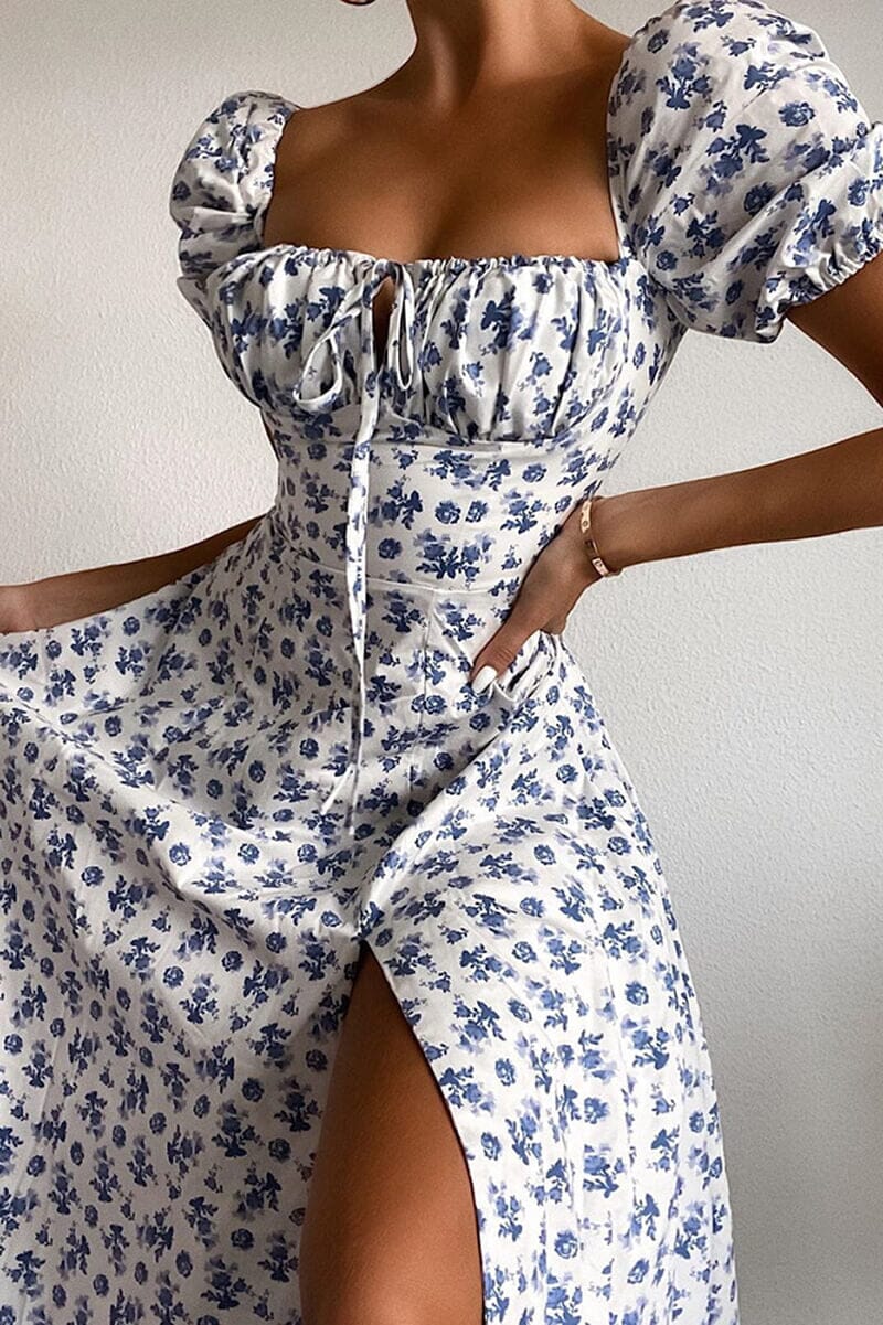 Vestido Midi Mangas Bufantes e Fenda
