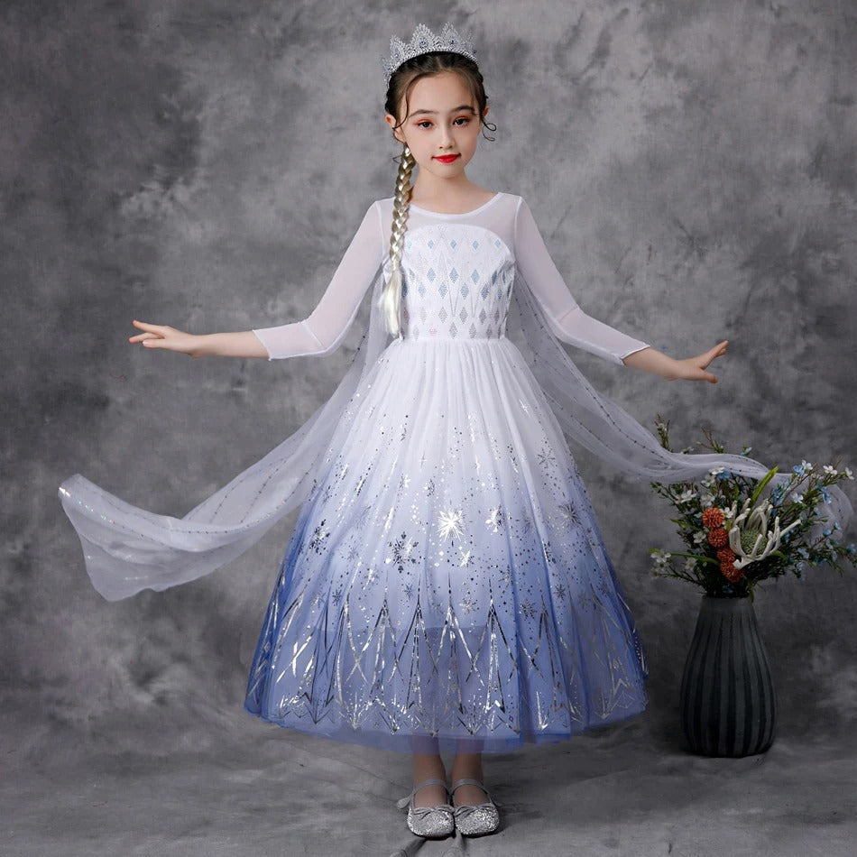 Fantasia Elsa Completa + Coroa + Varinha Mágica + Cabelo + Luva + Colar, Brinco, Anel e Pulseira