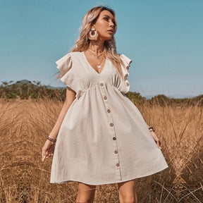 Vestido Curto Com Babados e Botões