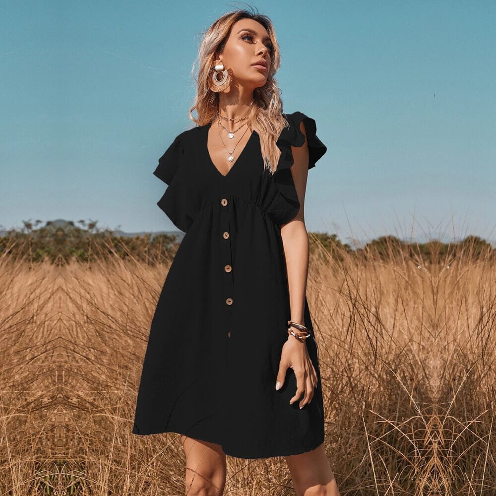 Vestido Curto Com Babados e Botões