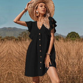 Vestido Curto Com Babados e Botões