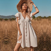 Vestido Curto Com Babados e Botões