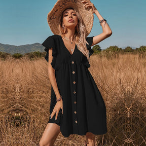 Vestido Curto Com Babados e Botões
