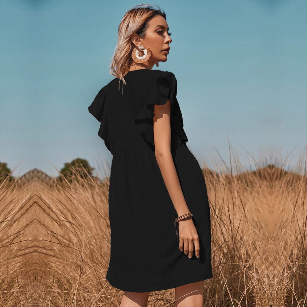 Vestido Curto Com Babados e Botões