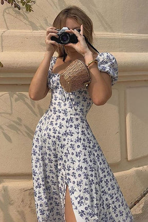 Vestido Midi Mangas Bufantes e Fenda
