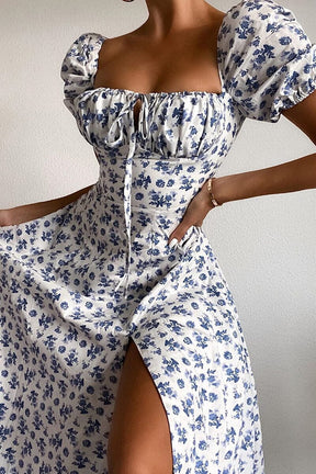 Vestido Midi Mangas Bufantes e Fenda