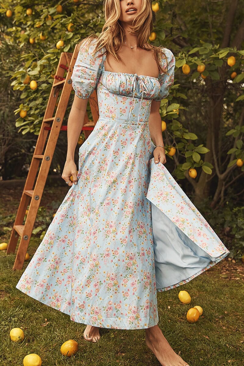 Vestido Midi Mangas Bufantes e Fenda