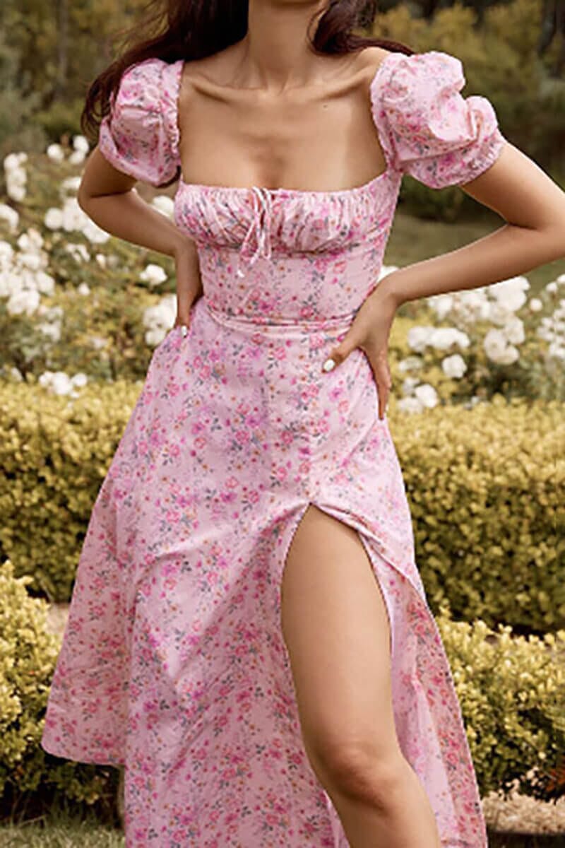 Vestido Midi Mangas Bufantes e Fenda