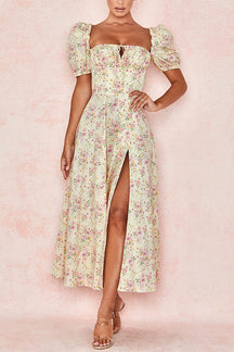 Vestido Midi Mangas Bufantes e Fenda