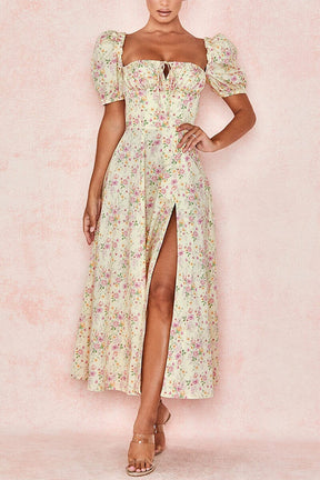 Vestido Midi Mangas Bufantes e Fenda