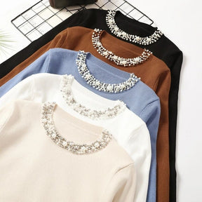 Suéter Feminino Gola Pérolas